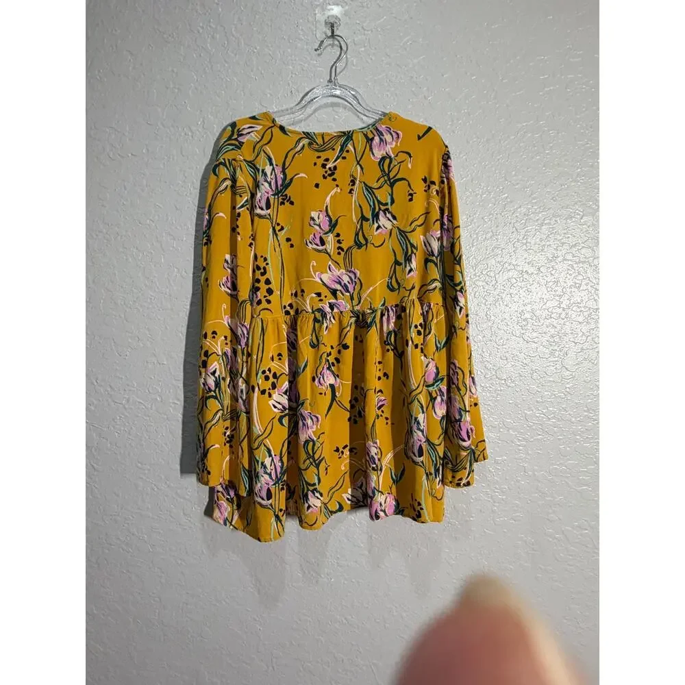 Free People Bella Golden Yellow Floral Print Spring Tunic Blouse sz M Boho